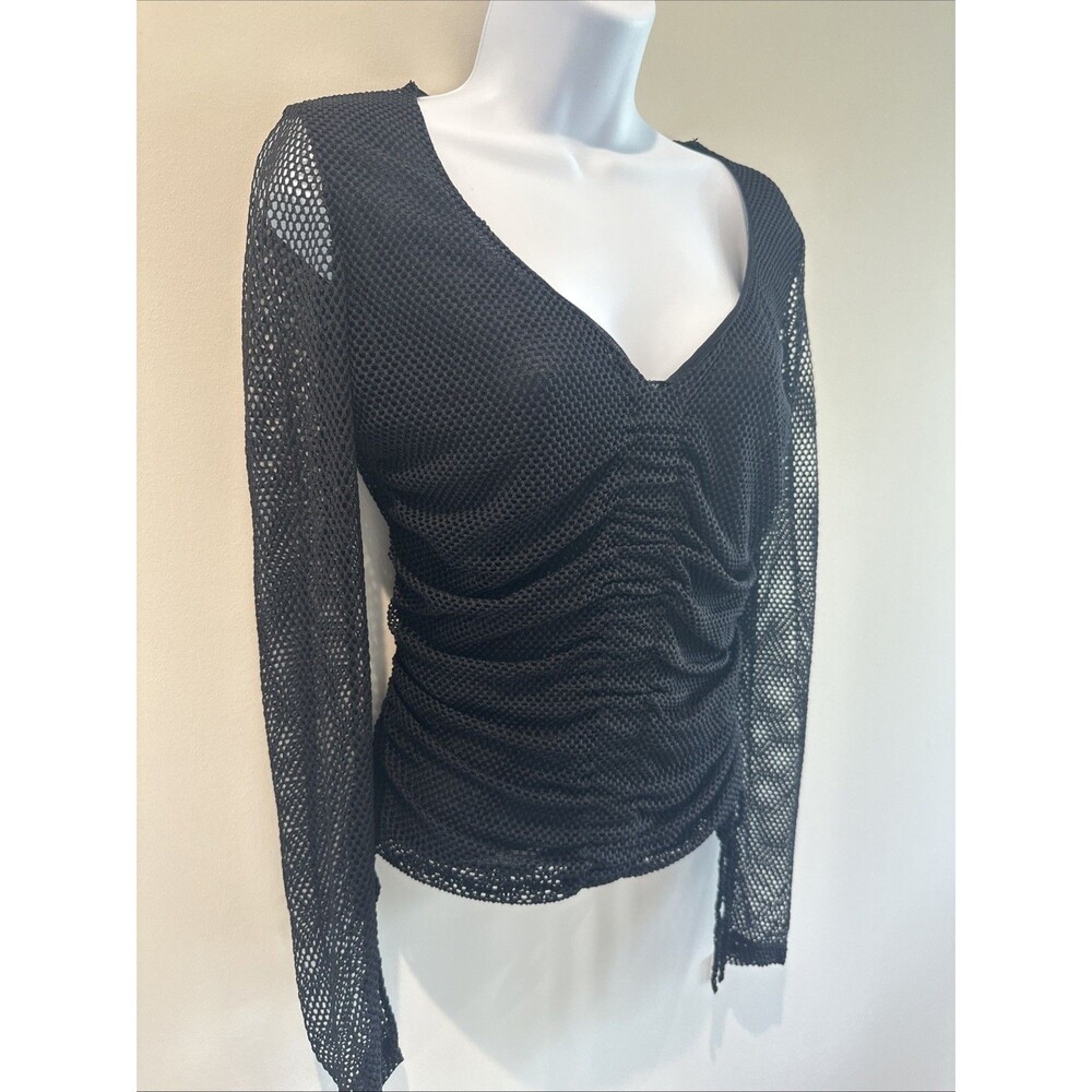 Vintage Bisou Bisou Large Black Mesh Ruched Top Sheer Y2K 90s Goth Grunge